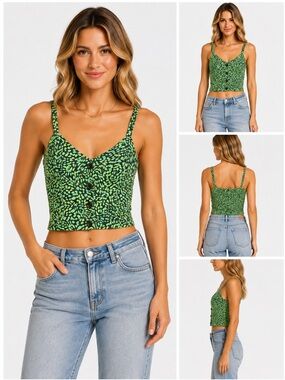 NWT Leith NORDSTROM Green Gables Animalia Print Patterned Buttoned Tank Crop Top
